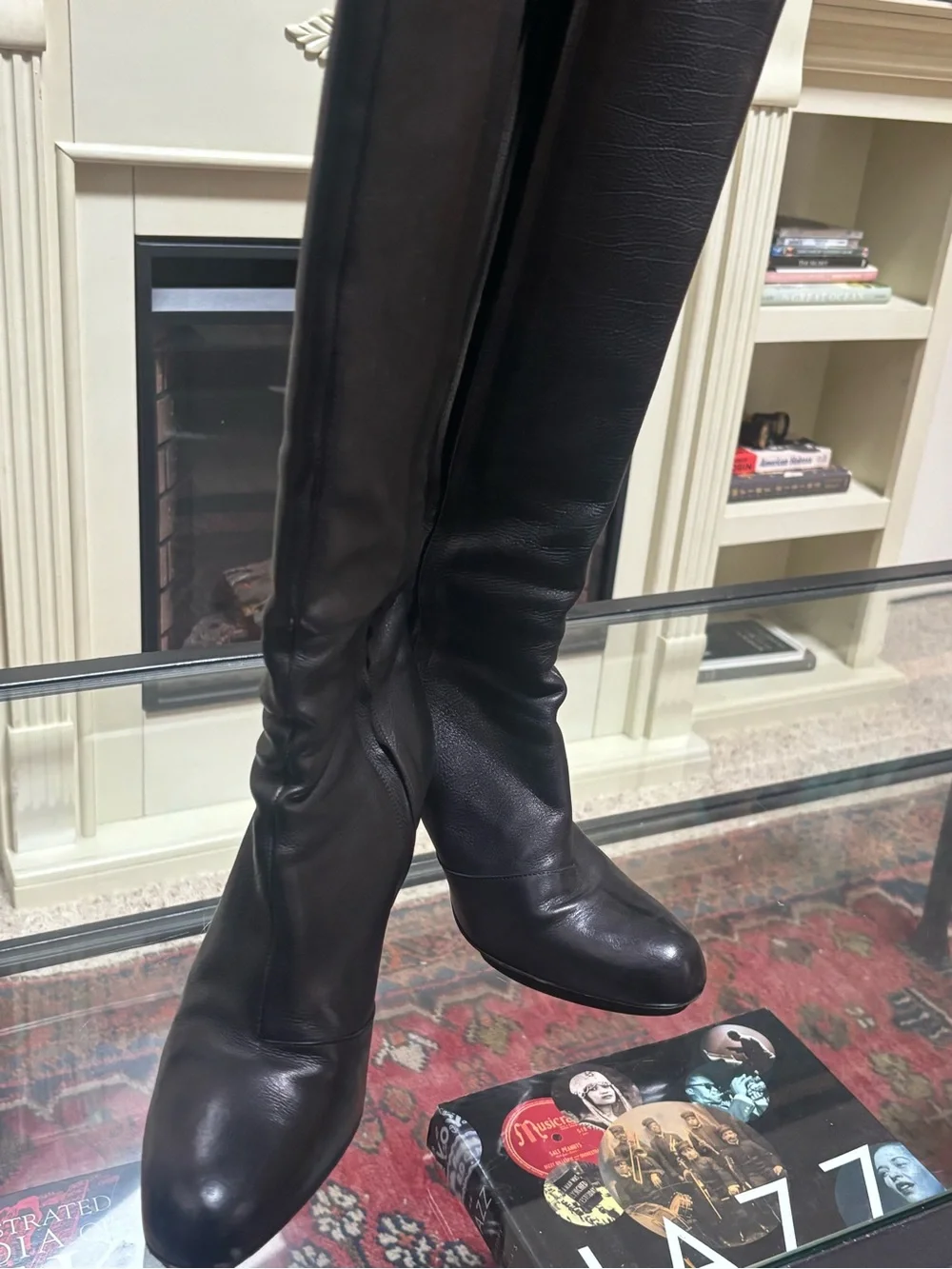 ✨ LANVIN Paris Black Leather Sculpted Horn Heel Knee-High Boots Sz 39 / 8.5 ✨